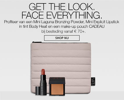 Mini Laguna Bronzing Powder, Mini Explicit Lipstick en een make-up pouch